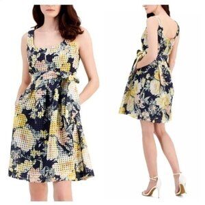 NWT Anne Klein navy floral belted check square fit and flare dress 8 UU10